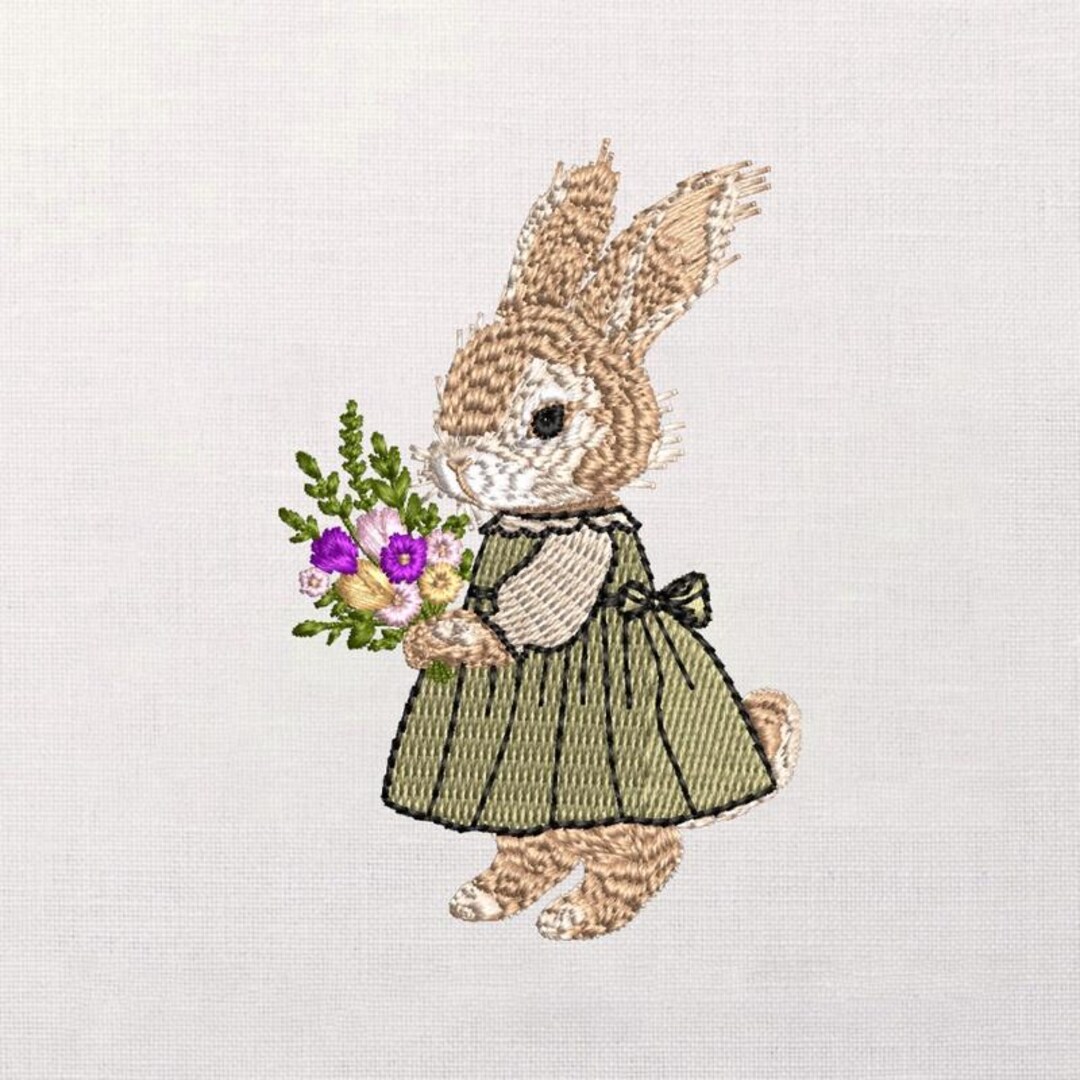 Flower Bunny Embroidery Design, Vintage Stitch Motif, Spring Dress ...