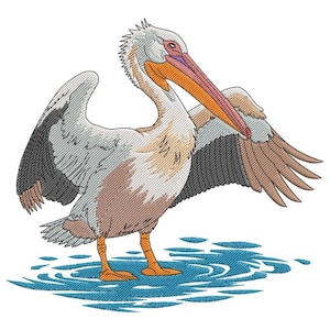 Può includere: Immagine ricamata di un pellicano con le ali spiegate. L'uccello presenta piume bianche, grigie e marroni, un becco e zampe arancioni e una sacca rosa. Il pellicano è in acqua blu, con un aspetto dettagliato e strutturato.