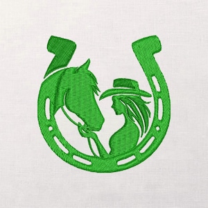 May include: Green embroidered design featuring a horse head, a woman in a hat, and a horseshoe. The horse and woman are inside the horseshoe. The design is on a white background. The embroidery has a textured appearance.
