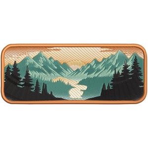 May include: Embroidered patch depicting a mountain scene with teal peaks, a river, and silhouetted trees. The sky fades from orange to yellow, suggesting dawn or dusk. The patch has a brown border.