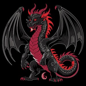May include: A detailed illustration of a dragon with black scales and red accents. The dragon has large, black wings with white outlines, red eyes, and a red underbelly. The dragon is set against a black background.