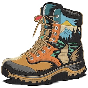 May include: An embroidered hiking boot featuring a landscape design. The boot is primarily orange, brown, and black, with a detailed mountain and forest scene on the side. It has tan laces and a rugged sole, suitable for outdoor activities.