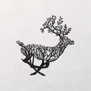 May include: Black embroidered design of a deer made of tree branches on a white background. The deer is facing left, with its antlers and body formed by the branches. The embroidery is detailed and the design is centered.