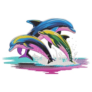 Dolphin Trio Embroidery Design, Colorful Jumping Dolphins Machine Embroidery, Ocean Sea Animal Pattern, Embroidery File Digital Download