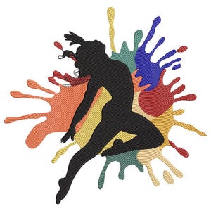 May include: Black silhouette of a dancer in mid-air, surrounded by colorful paint splatters. The splatters are in shades of orange, yellow, red, blue, and green. The design has a textured, embroidered appearance, suggesting a fabric or textile application.