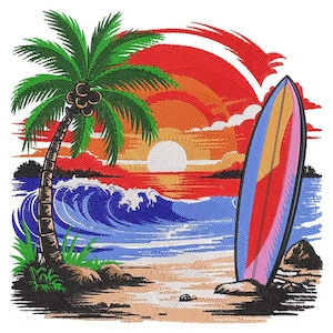 Tropical Beach Sunset Embroidery Design, Surfboard Summer Machine Embroidery File, Palm Tree Ocean Waves Pattern