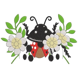 Könnte beinhalten: Gesticktes Design mit einem Marienkäfer mit schwarzem Körper, roten und braunen Flügeln und weißen Punkten. Der Marienkäfer ist von weißen Blumen mit gelben Zentren und grünen Blättern umgeben, alles vor weißem Hintergrund.