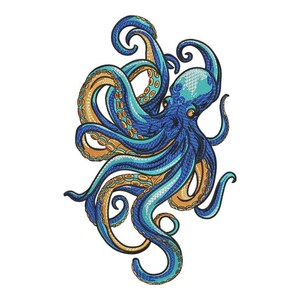 Pode incluir: Design de polvo bordado em tons de azul e dourado. O polvo tem tentáculos detalhados e uma aparência texturizada, ideal para projetos com tema náutico. O design está em um fundo branco.