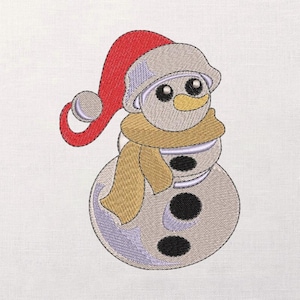 May include: Embroidered snowman wearing a red Santa hat and a tan scarf. The snowman has a yellow carrot nose, black eyes, and three black buttons. The design is stitched on a white background.