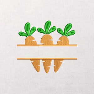 May include: An embroidered design featuring three orange carrots with green tops above a horizontal line, and three carrot bottoms below a second line. The design is on a white background.
