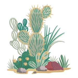 Succulent Garden Embroidery Design, Southwestern Cacti Landscape, Fill Stitch Artwork, Instant Download File