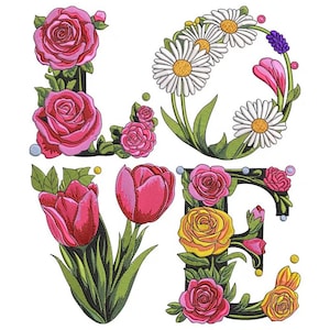 Floral LOVE Letters Embroidery Design, Botanical Alphabet Embroidery Pattern, Spring Flower Monogram, Romantic Lettering Decoration