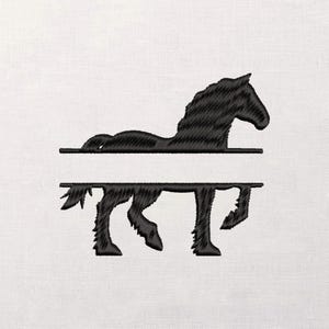 May include: Black horse silhouette design, split horizontally. The top half shows the head and upper body, while the bottom half depicts the legs. The design is embroidered on a white background. This equestrian-themed design is suitable for various applications.