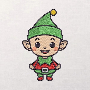 May include: Embroidered image of a cartoon elf. The elf is wearing a green hat with a yellow ball, a red and green outfit, and a black belt. The elf has a smiling face with rosy cheeks and large eyes.