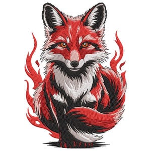 May include: Embroidered design of a red fox with white and black accents, set against a backdrop of stylized red flames. The fox is depicted in a seated position, with a detailed rendering of its fur and facial features. The design is on a white background.