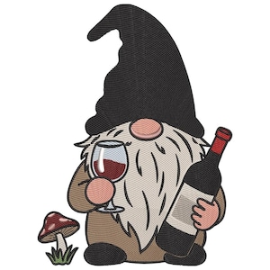 May include: Embroidered design of a gnome with a black hat, holding a wine glass and a wine bottle. The gnome has a long white beard, a pink nose, and is wearing a brown outfit. A red and white mushroom is also present.