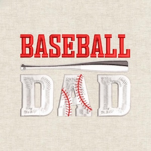 May include: Embroidered design with the words "BASEBALL DAD" in red and white thread. A baseball bat is positioned between the words. The letter "A" in "DAD" is designed to look like a baseball with red stitching.
