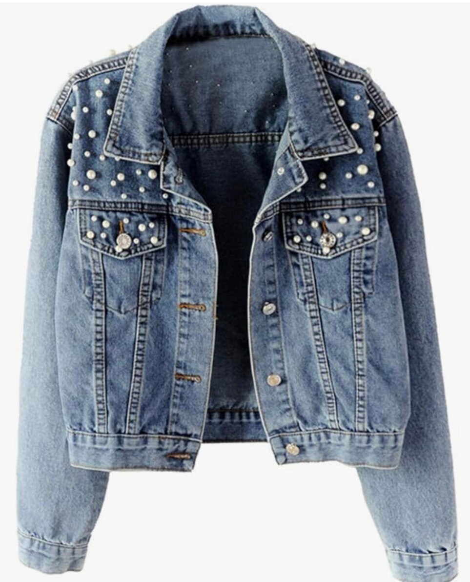 Black denim jacket with pearls hot sale