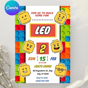 May include: A colorful birthday party invitation with a Lego theme. The invitation features the name "LEO" and the number "2" in large fonts. It includes details like the date, time, and location of the party, along with a contact number. The background is a pattern of colorful Lego bricks.