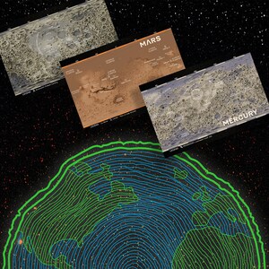 Planetaire topografische ansichtkaartencollectie: set van 3 prachtige kaarten voor liefhebbers van de ruimte en astronomie