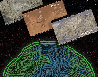 Planetaire topografische ansichtkaartencollectie: set van 3 prachtige kaarten voor liefhebbers van de ruimte en astronomie