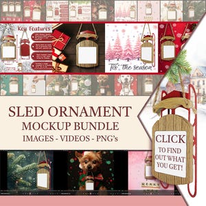 Christmas Sled Ornament Mockup Bundle. POD Key Features - Images - PNG&#39;s and Videos - Blank Ornament Mockup, Printify Holiday Mockup seller.