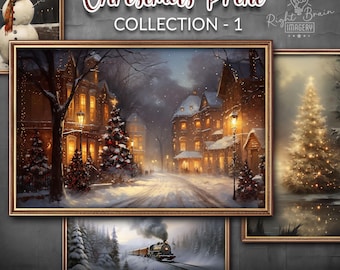 Colección de láminas navideñas, imprimibles, pueblo invernal vintage, calle invernal navideña, láminas navideñas, arte mural navideño, descargas de arte digital