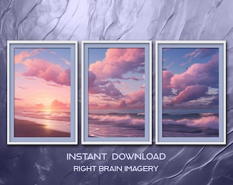 Radiant Sunset Wall Art: Pink and Purple hue Sunset, Ocean Sunset Print, Set of 3 Large Ocean Wall Art Prints, Beach Print, Digital Download