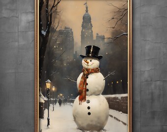 Printable Vintage Snowman In the City, Christmas Winter Snowman,, Xmas prints, Holiday Wall Art, Digital Art Download