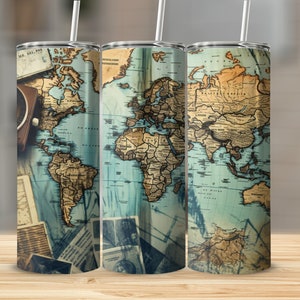 Mapa podróży, 20 oz Skinny Tumbler, projekt sublimacji, proste i zwężane opakowanie, natychmiastowe pobranie cyfrowe, plik Tumbler PNG