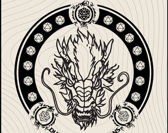 Puede incluir: Ilustración en blanco y negro de una cabeza de dragón con un círculo de dados a su alrededor. El texto "Dungeons & Dragons" está debajo de la cabeza del dragón.