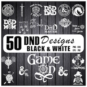 50 DND Black and White Designs Bundle for Cricut and Silhouette, Dungeon Master Svg, D20 Dice Clipart, Dungeons & Dragons Svg, D20 Dice Svg