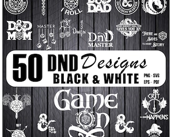 50 DND Black and White Designs Bundle for Cricut and Silhouette, Dungeon Master Svg, D20 Dice Clipart, Dungeons & Dragons Svg, D20 Dice Svg