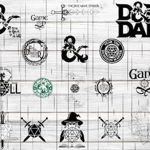 May include: A collection of black and white digital illustrations featuring Dungeons and Dragons imagery. The images include a dragon, dice, swords, and the text "Game On".