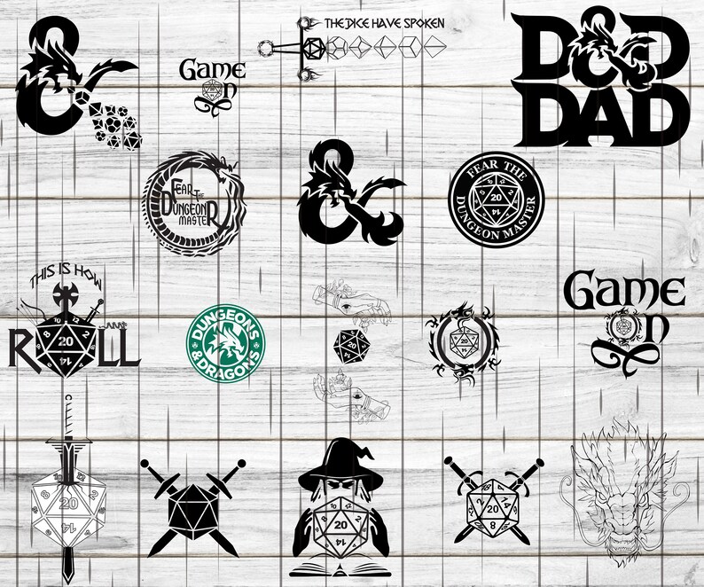 May include: A collection of black and white digital illustrations featuring Dungeons and Dragons imagery. The images include a dragon, dice, swords, and the text "Game On".