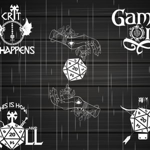 May include: Black and white illustration of a dice with the words "CRIT HAPPENS" above it, "THIS IS HOW ROLL" below it, and "Game On" to the right. The dice is surrounded by hands with eyes and flowers.