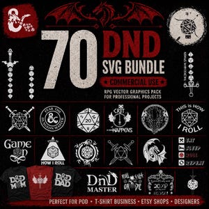 Op de afbeelding: Zwarte afbeelding met 70 DND SVG-bundelontwerpen. Bevat dobbelstenen, zwaarden, draken en tekst zoals "Game On" en "This is how I roll." Ideaal voor professionele projecten en t-shirtbedrijven.