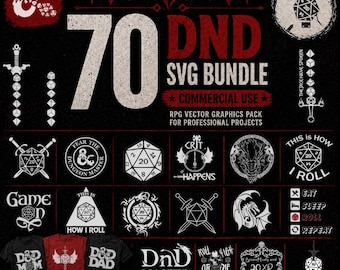 70 DND Svg Bundle Commercial Use, RPG Vector Graphics Pack, Dice Dragon Clipart, Fantasy Svg Files for Cricut & Silhouette