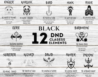 12 Black + 12 White Dungeons & Dragons Bundle Class Elements, Dnd20 svg, Dungeon Master svg, Svg - Png - Pdf - Jpg
