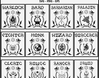 May include: A set of 12 black and white Dungeons and Dragons class emblems. Each emblem features a dragon head with a D20 die in the centre and a class-specific symbol. The classes are: Warlock, Bard, Barbarian, Paladin, Fighter, Monk, Wizard, Sorcerer, Cleric, Rogue, Ranger, and Druid.