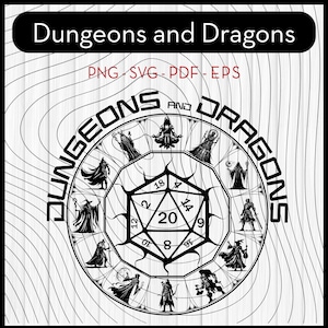 Dungeons and Dragons Class Wheel Svg | Black and White DnD Design | RPG Dice Clipart | Digital Dungeon Master Wall Art Svg | Dnd20 Svg | Dnd