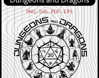 May include: Black and white graphic featuring the text "Dungeons and Dragons" above a circular design. The design includes illustrations of figures, a die, and the words "Dungeons and Dragons". The image also includes the file types: PNG, SVG, PDF, and EPS.
