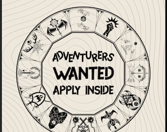 Adventures Wanted Graphic Design, DND20, Dnd class Emblems, Dungeons Dragons svg, Role playing game, Dice sword svg, Dnd Table,