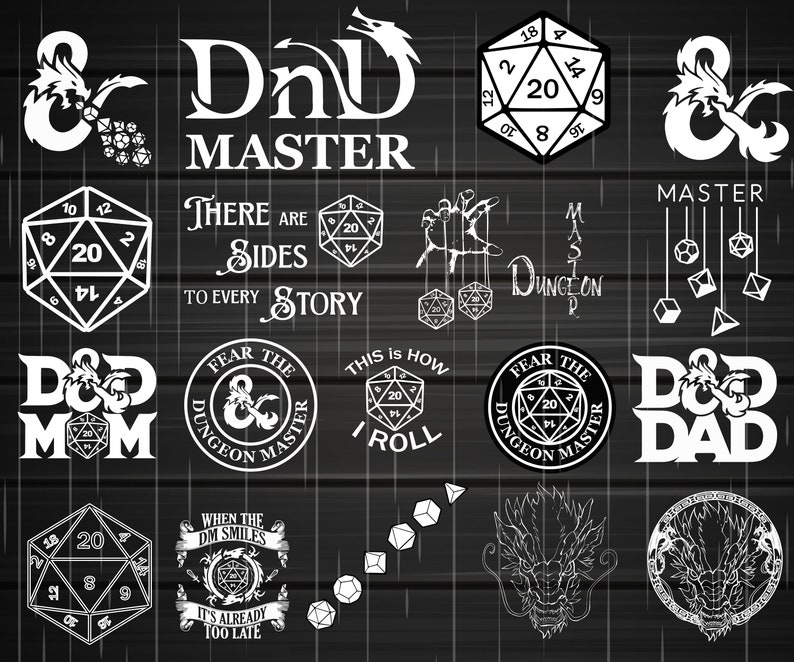 May include: A black and white graphic design set featuring a Dungeons and Dragons theme. The set includes various images, including a dragon, dice, and the text "DnD Master".