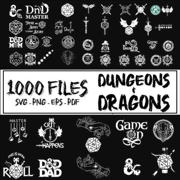 1000 bestanden megabundel Dungeons and Dragons Svg, Dungeons Master, DND Logo Svg, D20 Svg, DND-klasse-emblemen, Kies wapen Svg, DND Dice Png