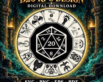 May include: A digital graphic design featuring a central D20 die icon surrounded by a circular border containing twelve distinct fantasy-themed illustrations. The text D20 RPG DESIGN, DIGITAL DOWNLOAD, and SVG PNG EPS PDF are clearly visible.