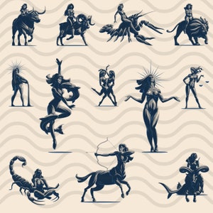 Paquete de arte digital de signos del zodíaco, 4 diseños astrológicos únicos svg, 48 imágenes de horóscopo de alta calidad png, perfecto para amantes de la astrología svg,