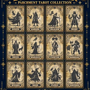 Può includere: Una collezione di 12 design di carte dei tarocchi DND Character Parchment con sagome nere di classi fantasy come Rogue, Ranger, Paladin, Monk, Druid, Warlock, Fighter, Barbarian, Wizard, Bard, Cleric e Sorcerer su sfondi di carta invecchiata.