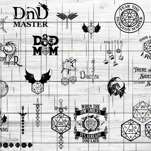 May include: A collection of black and white digital illustrations featuring Dungeons and Dragons (D&D) themed designs. The designs include a dragon, dice, swords, and text such as "Fear the Dungeon Master", "D&D Mom", "When the DM Smiles, It's Already Too Late", and "There are Sides to Every Story".