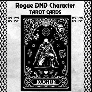 Personaje de juego pícaro SVG, Carta de tarot de clase pícaro DnD, Calabozos y dragones SVG, Regalo de maestro de mazmorras, Juego de mesa SVG, Tarjeta de maestro de mazmorras PNG